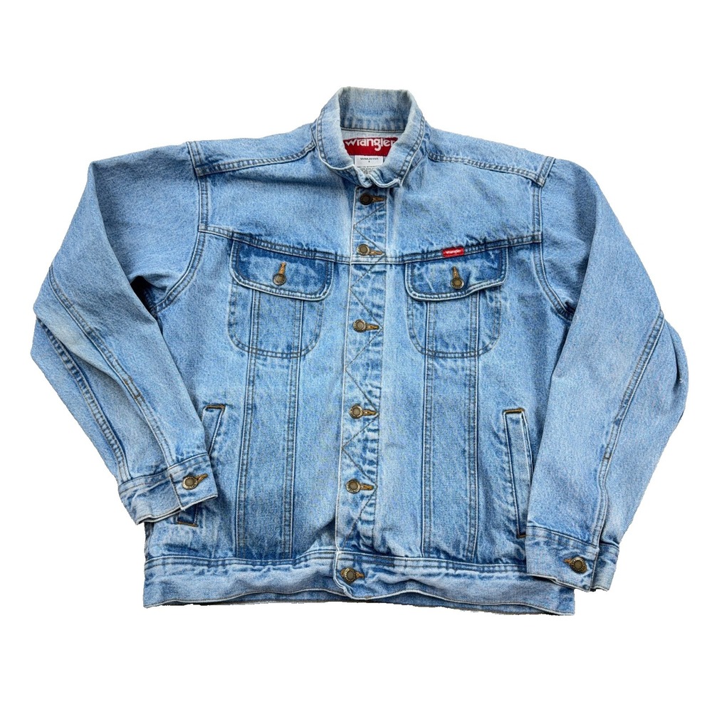 Vintage Wrangler Denim Jacket Men Medium Blue Jean Trucker Light Wash 90s Y2K *